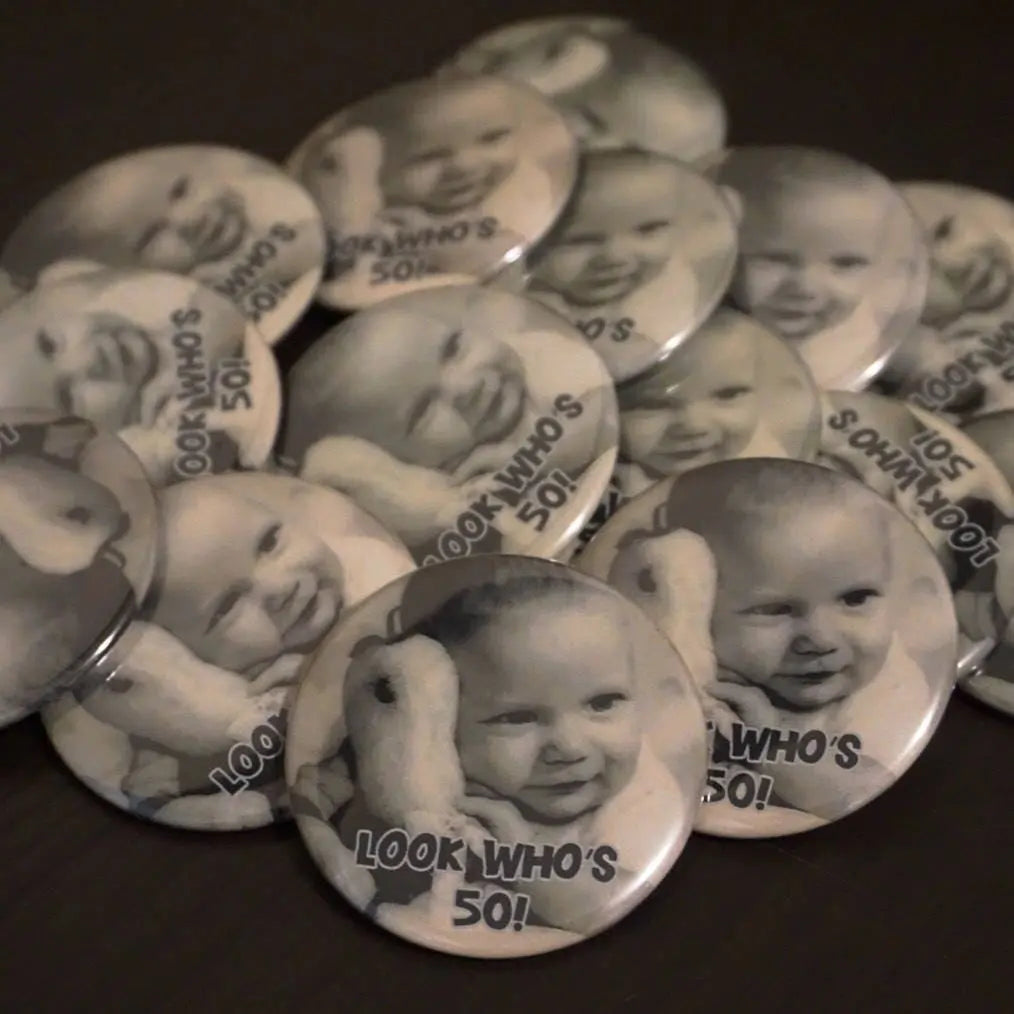 50th Birthday Milestone Adult Party Favor, Custom Photo Pins - 15 pieces + - Busybee Creates