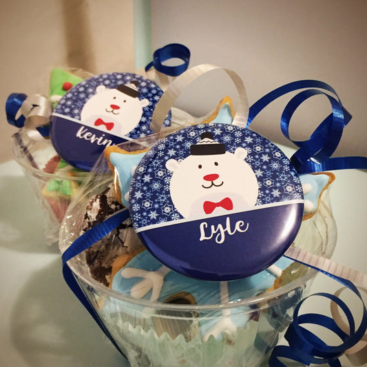 Polar Bear Gift Tags for Christmas Gift Basket - Personalized Gifts Button Pins - 10 pieces - Busybee Creates