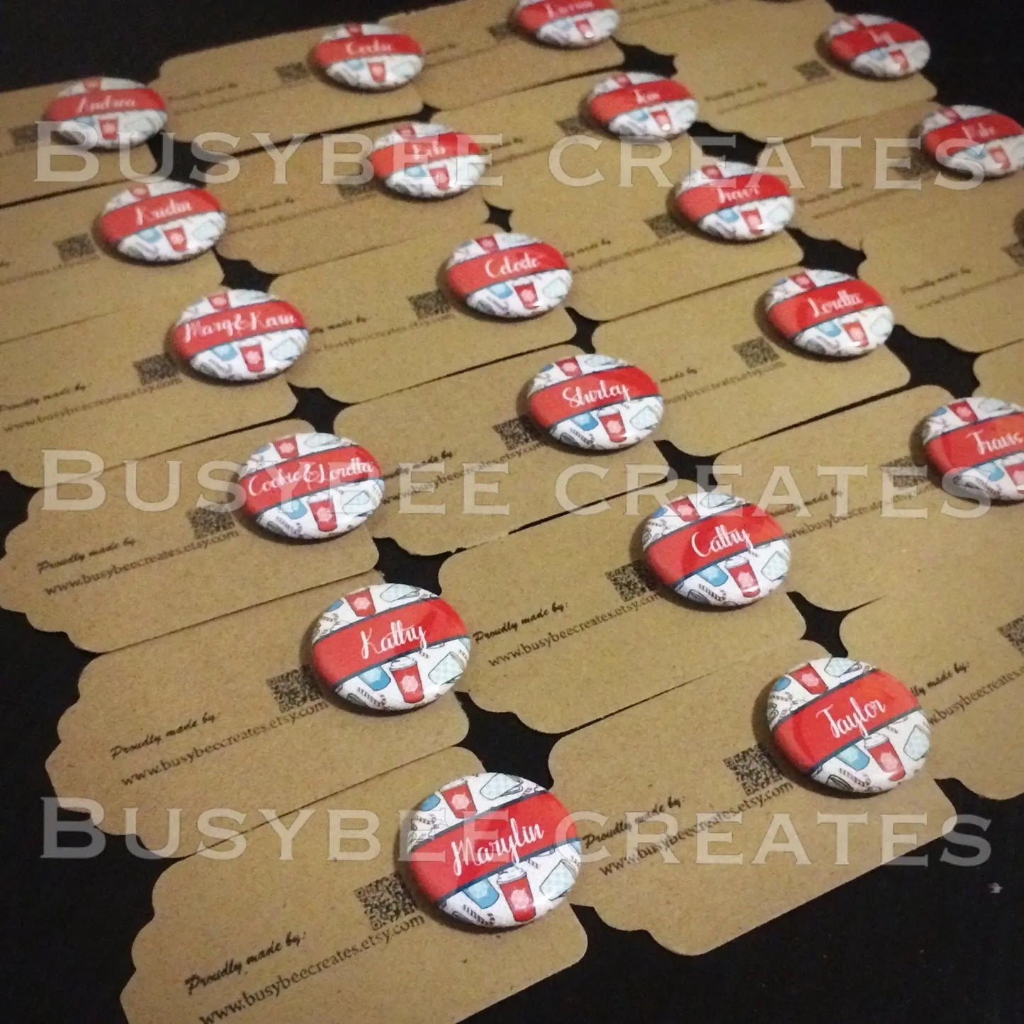 Coffee Themed Holiday Place Cards/ Seating Chart Christmas Wedding Custom Button Pins - (1&quot;) 25 pcs busybeecreates