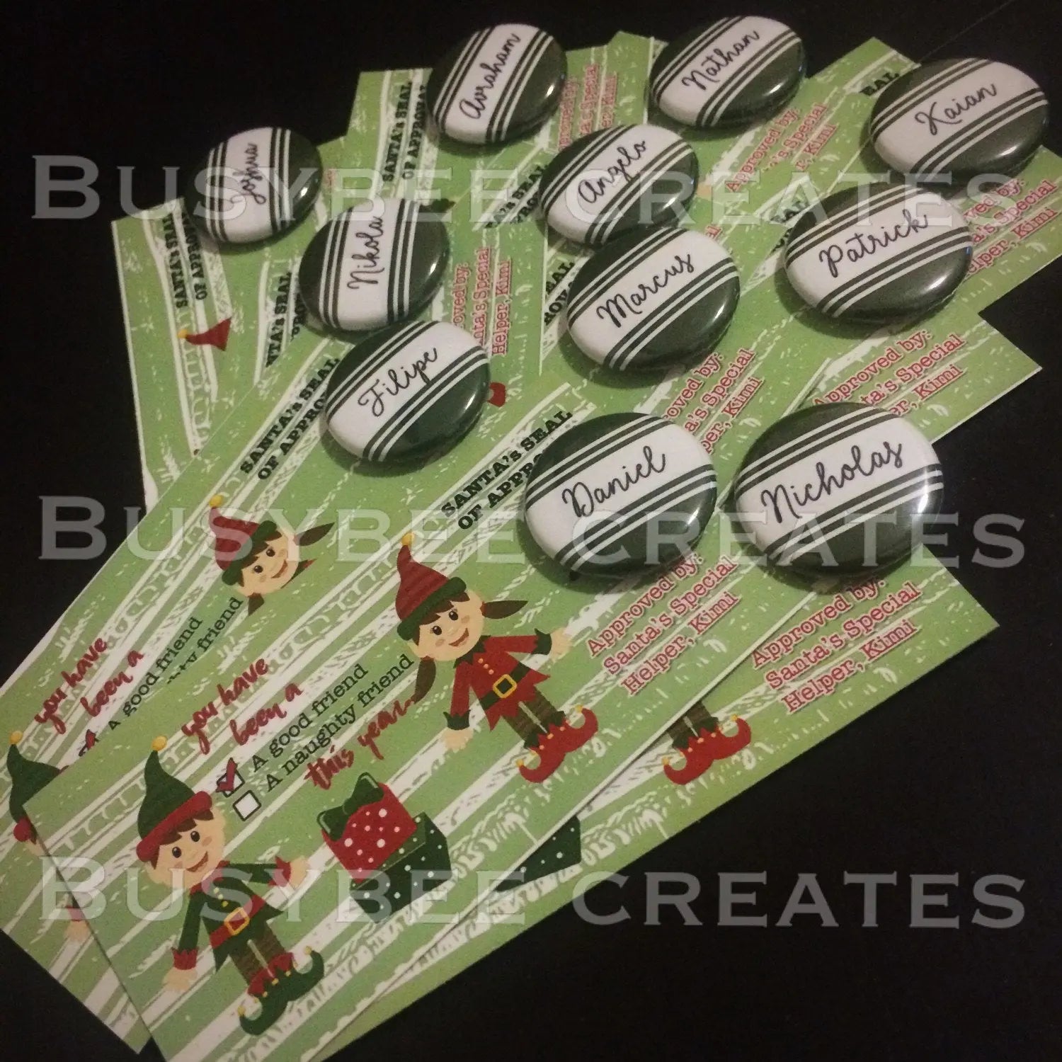 Custom Winter Inspired Christmas Elves Holiday Place Cards with Button Pins - (1") 25 pieces