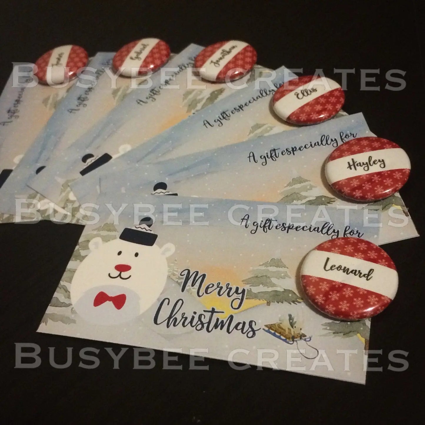 Winter Wonderland Polar Bear Custom Cards and Button Pins Christmas Favors - (1") 25 pieces
