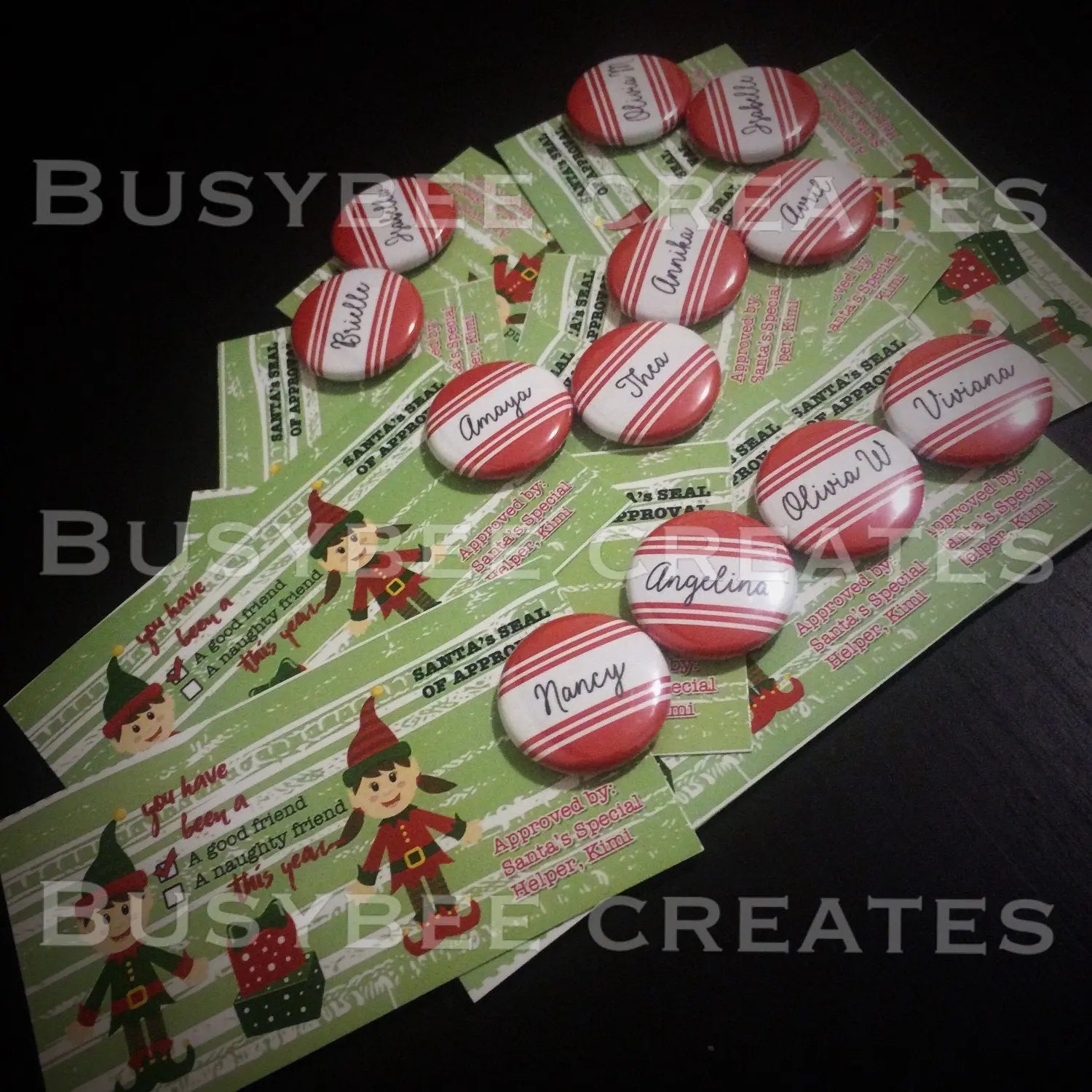 Custom Winter Inspired Christmas Elves Holiday Place Cards with Button Pins - (1") 25 pieces