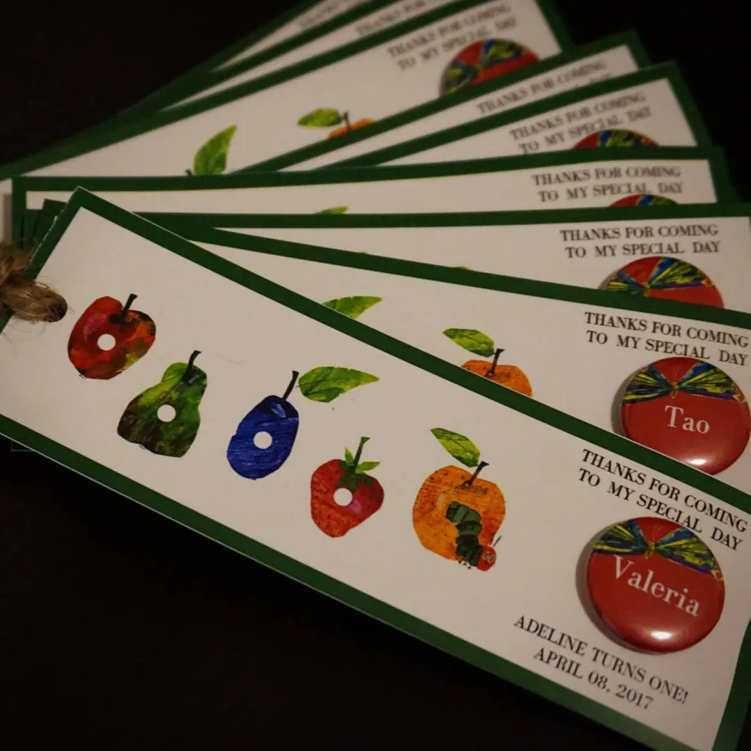 Personalized Hungry Caterpillar Birthday Bookmark with Mini Button Pins 20 pieces