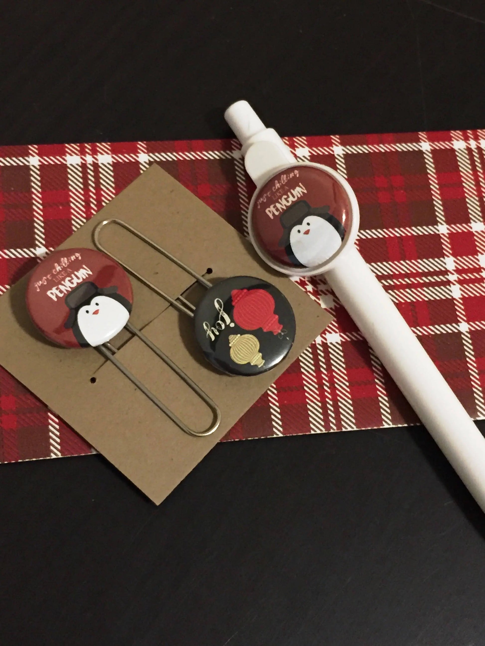 Penguin Inspired Gift Set- Holiday Custom Pen and Paperclip Set, Personalize Christmas Pen and Bookmark - Winter- Stocking Stuffers busybeecreates