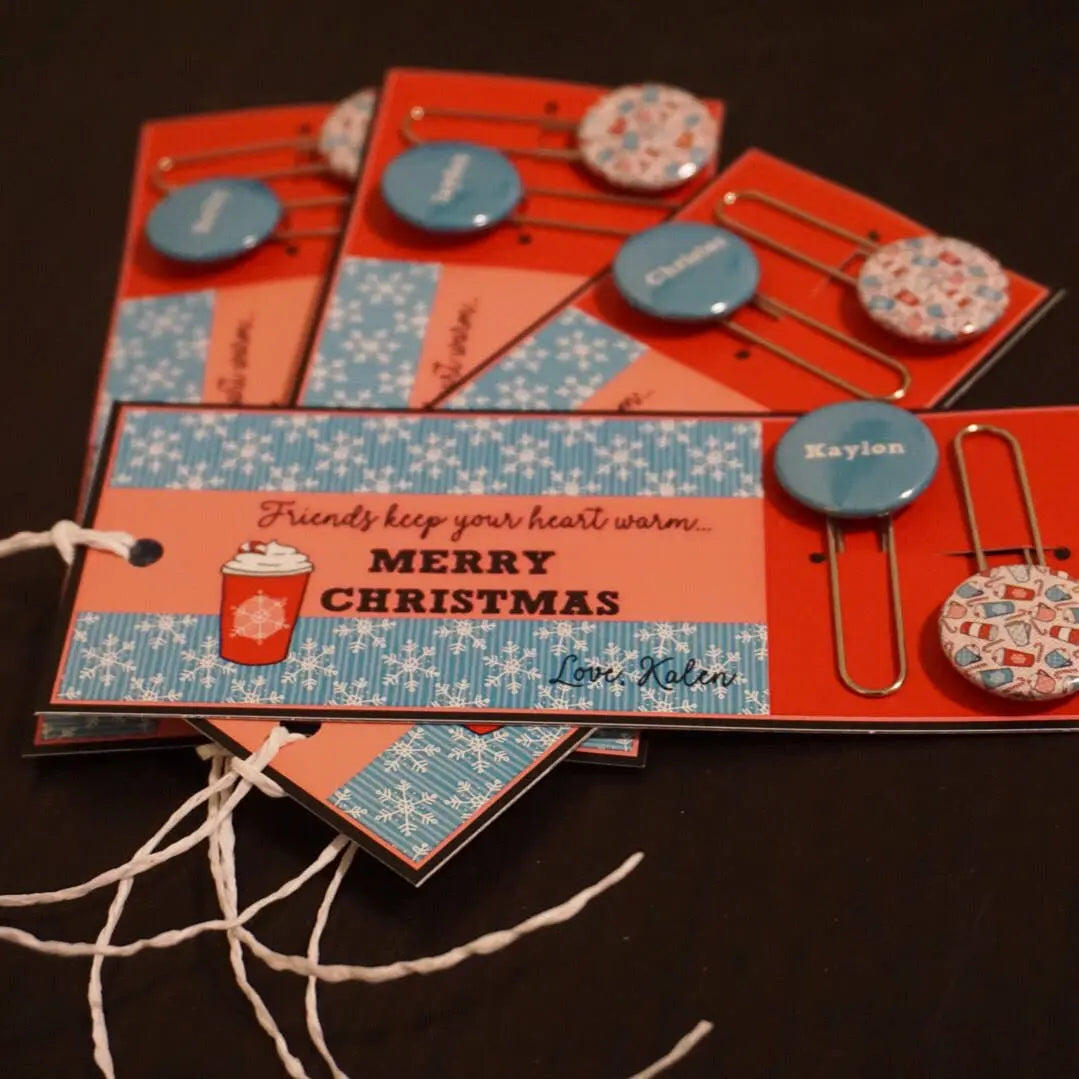 Custom Penguin and Snowflakes Card and Custom Button Paper Clip - 10/ set