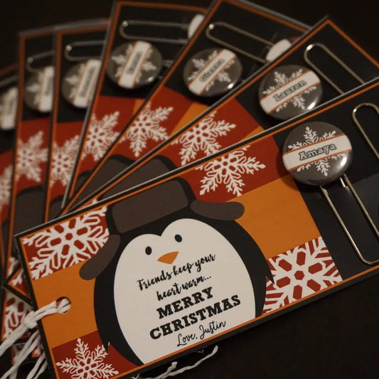 Custom Penguin and Snowflakes Card and Custom Button Paper Clip - 10/ set