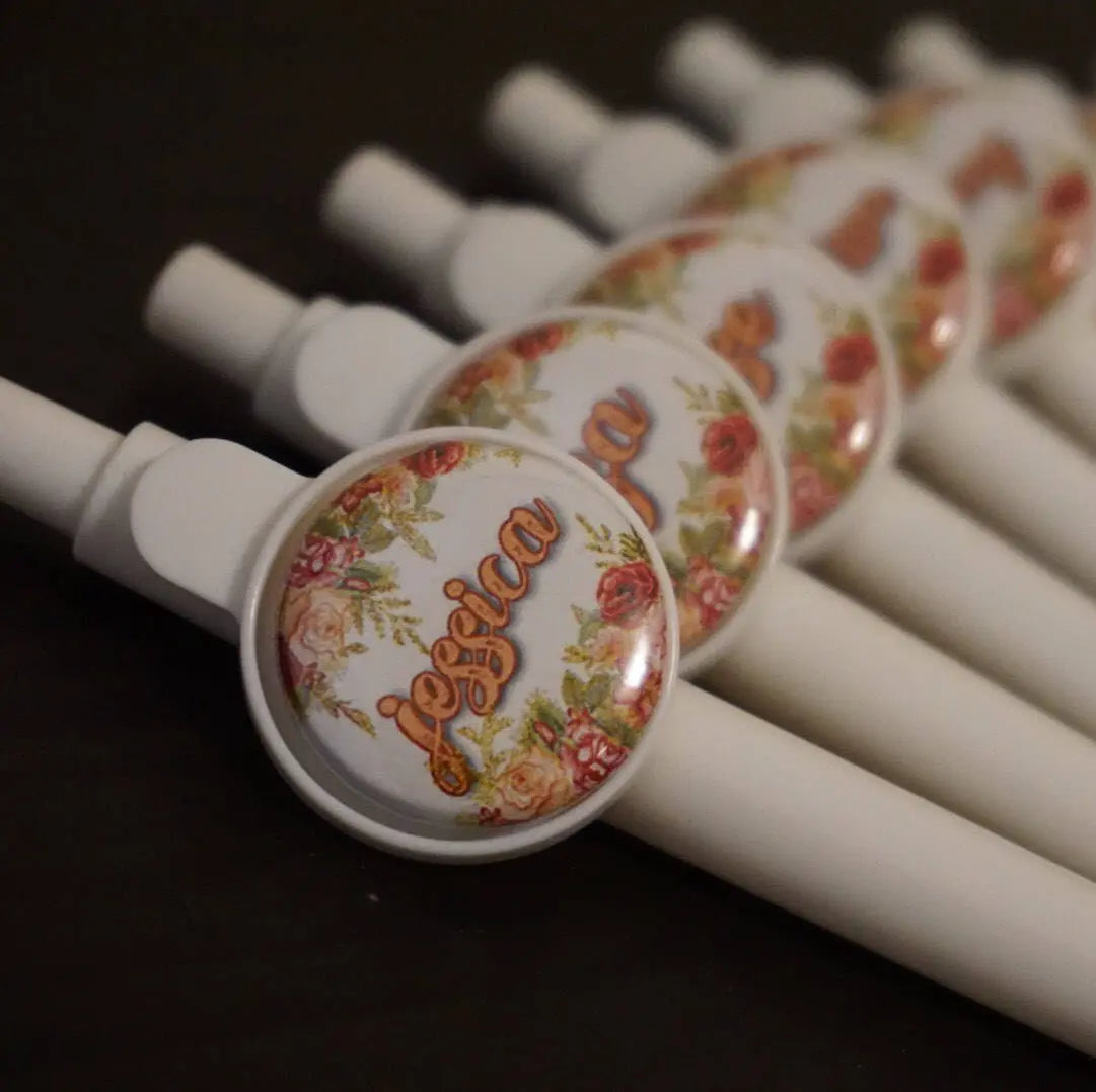 Personalized Floral Favor Pens for Weddings - Custom Bridal Party Button Pen Favors - 10 pieces - Busybee Creates