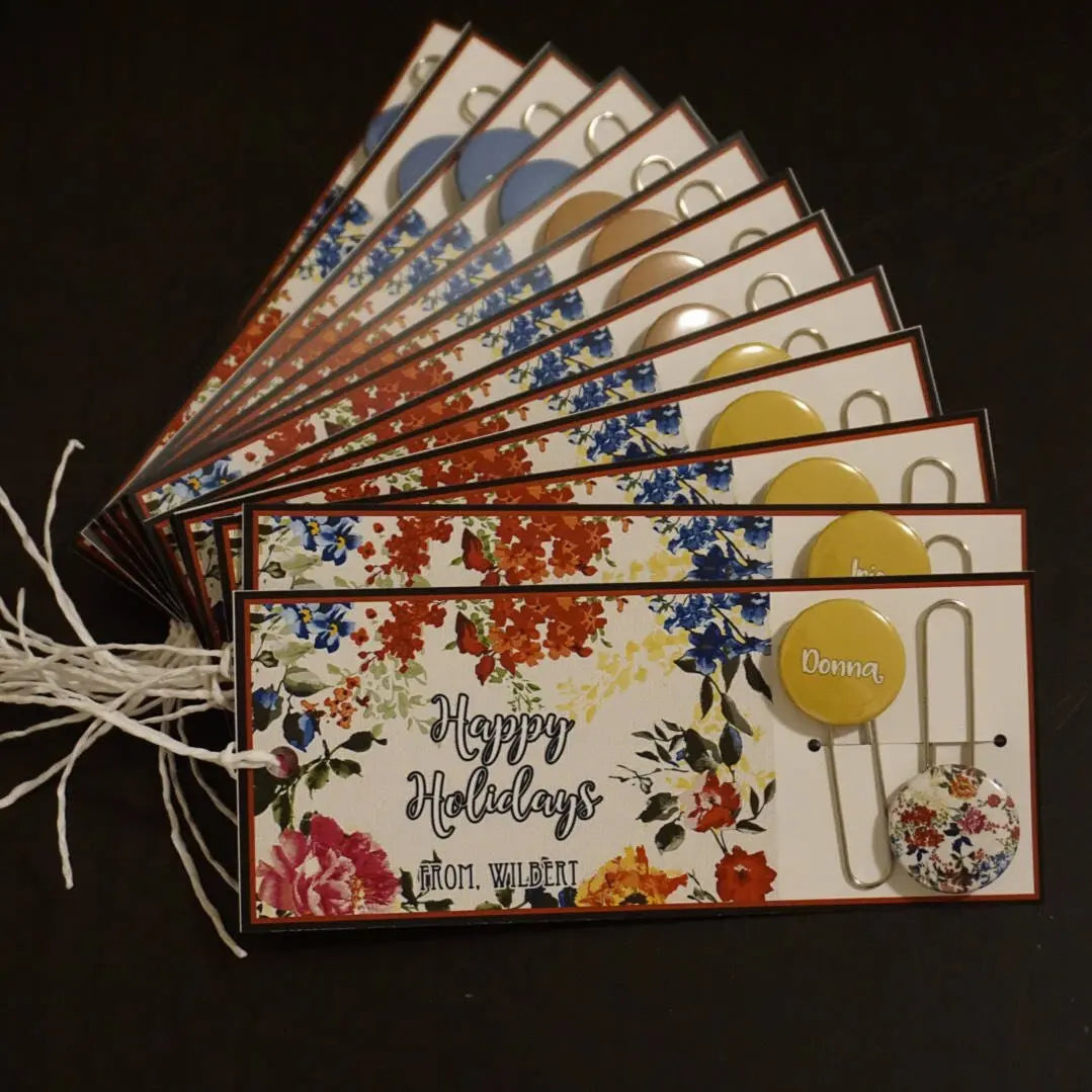 Floral Inspired Vintage Themed Card and Button Paper Clip Favors - 10/ set