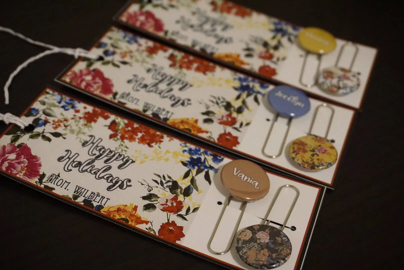 Floral Inspired Vintage Themed Card and Button Paper Clip Favors - 10/ set