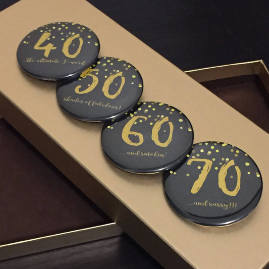 Custom Birthday Milestone Button Pins in Black Gold - Adult Party Favors Buttons