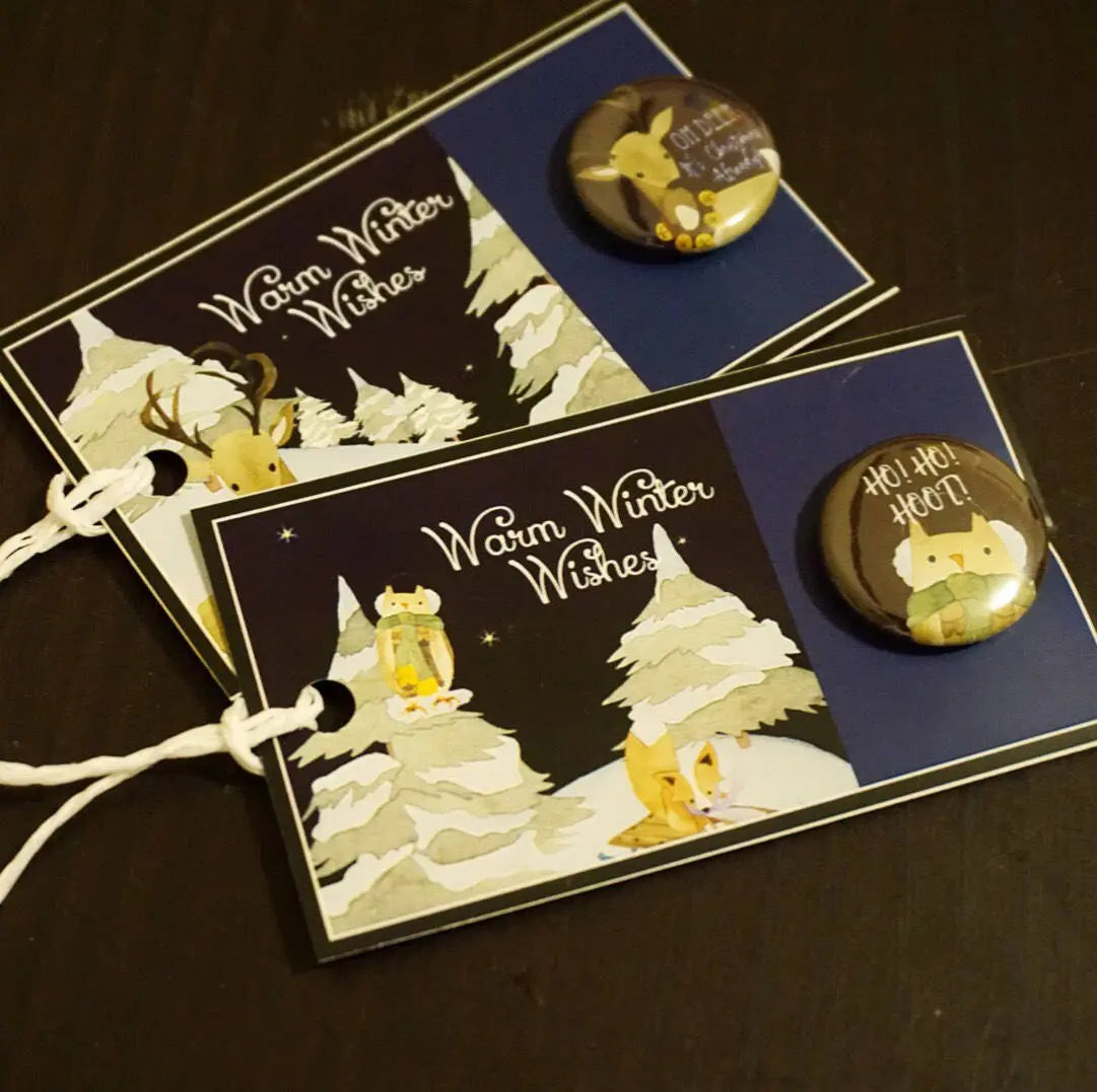 Custom Penguin and Snowflakes Card and Custom Button Paper Clip - 10/ set
