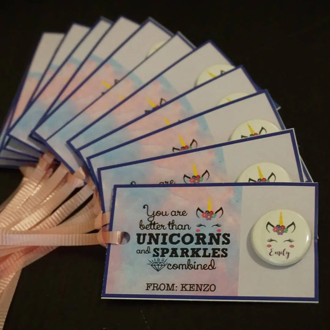 Unicorn Theme Gift Ideas - Personalized Bookmark Handmade Favours- Kid Party Favor Card and Button Pin - 10/ set