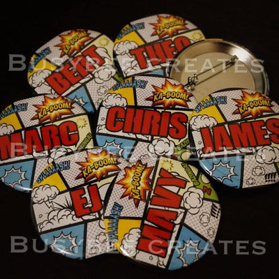 Custom Superhero Party Theme Favors Gifts for Him Button Pins - 2.25" 10 pieces - Busybee Creates