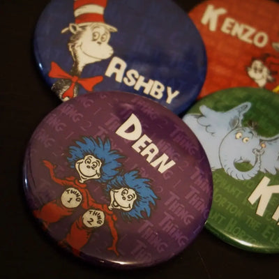 Personalize Dr. Seuss / Cat in the Hat Favor Button Pins - 12 pieces