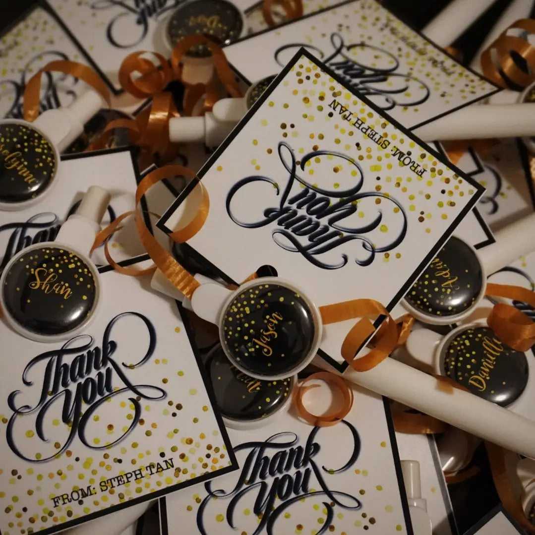 Custom Birthday Milestone Button Pins in Black Gold - Adult Party Favors Buttons - Busybee Creates