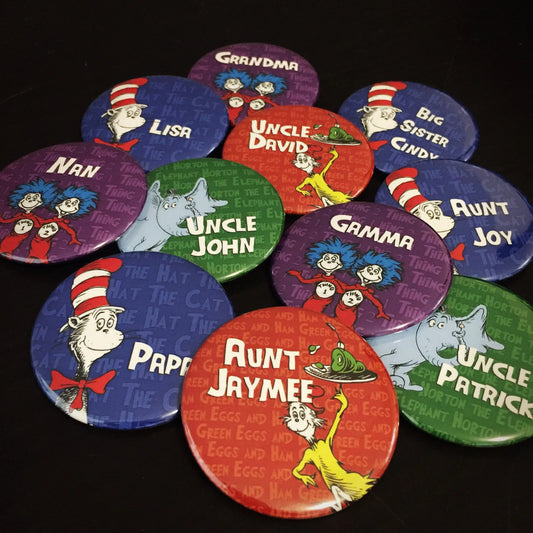 Personalize Dr. Seuss / Cat in the Hat Favor Button Pins - 12 pieces
