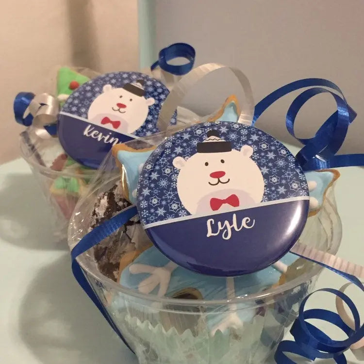 Winter Wonderland Polar Bear Custom Cards and Button Pins Christmas Favors - (1") 25 pieces - Busybee Creates