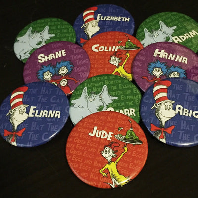 Personalize Dr. Seuss / Cat in the Hat Favor Button Pins - 12 pieces