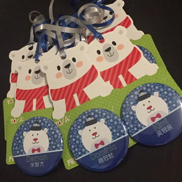 Winter Wonderland Polar Bear Custom Cards and Button Pins Christmas Favors - (1") 25 pieces - Busybee Creates