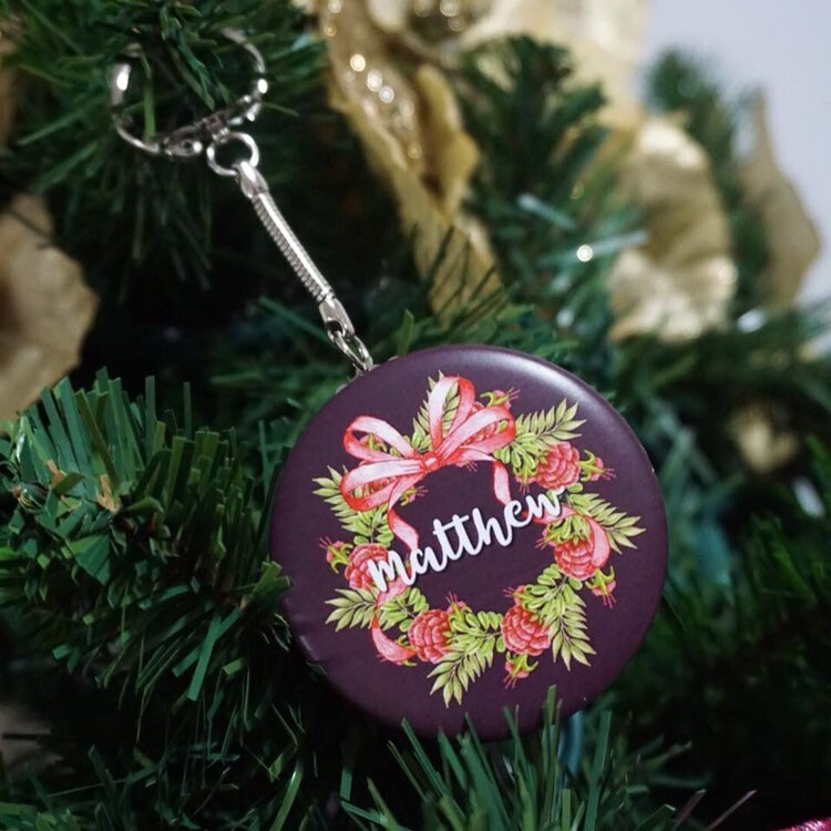 Custom Christmas Wreath Ornaments,  Personalized Christmas Keychain 2.25" -  5 pcs. +