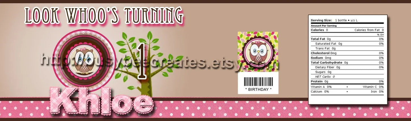 Owl Theme - Look Whoo's turning One Water Bottle Label- Digital File