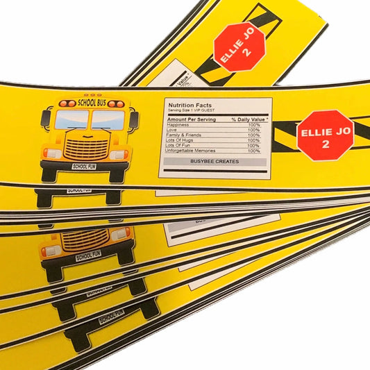 Custom Yellow School Bus Water Bottle Label - Back to School Party Labels Printed 24 pieces