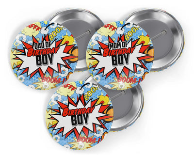 Birthday Boy, Mom of Birthday Boy, Dad of Birthday Boy Superhero Button Birthday Pin Trio Pack