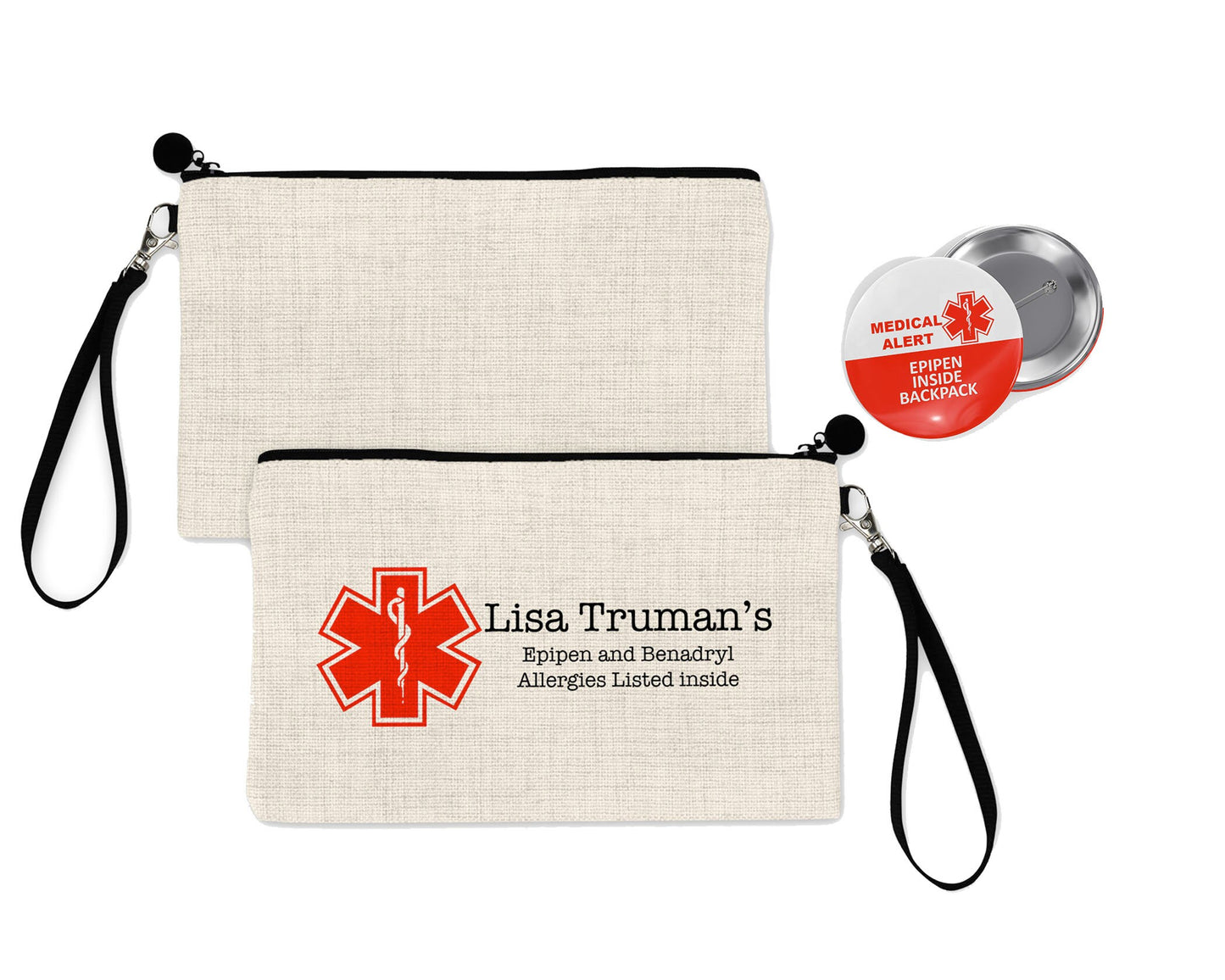 Custom Medical Alert Bundle Pouch and Pin for Epipen, First Aid Bag and Tag with Health Information Alert