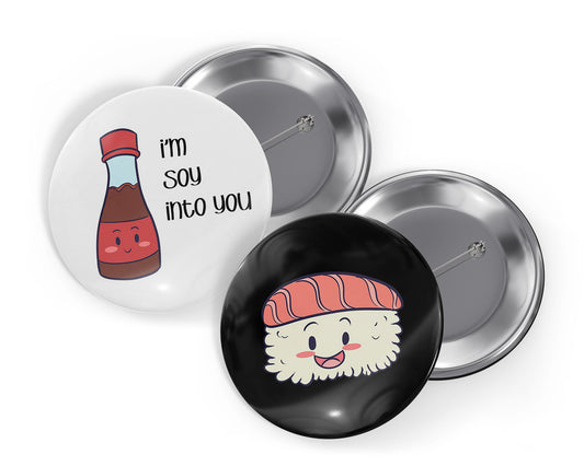 Sushi and Soy Sauce Pin, Japanese Inspired Cute Kawaii Button Pin Duo Pack 2.25"