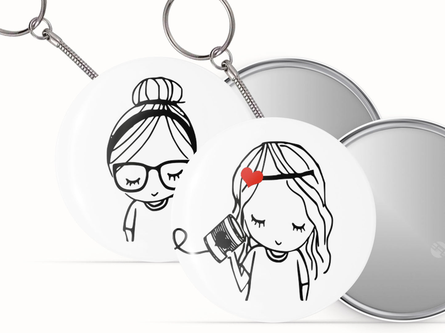 Personalized Bestfriends Keychain, Custom Button Pins for Galentines Day - 2 pieces