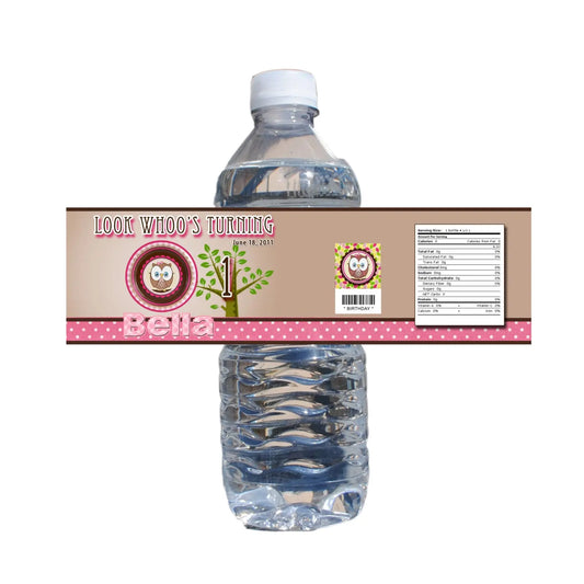 Owl Theme - Look Whoo's turning One Water Bottle Label- Digital File