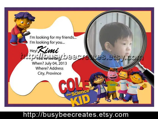 Sid the Science Kid Birthday - Science Experiment - Unique Party Invites- Thank You Invitation Card - Label Tags 10 - 20 sets CARDSTOCK busybeecreates