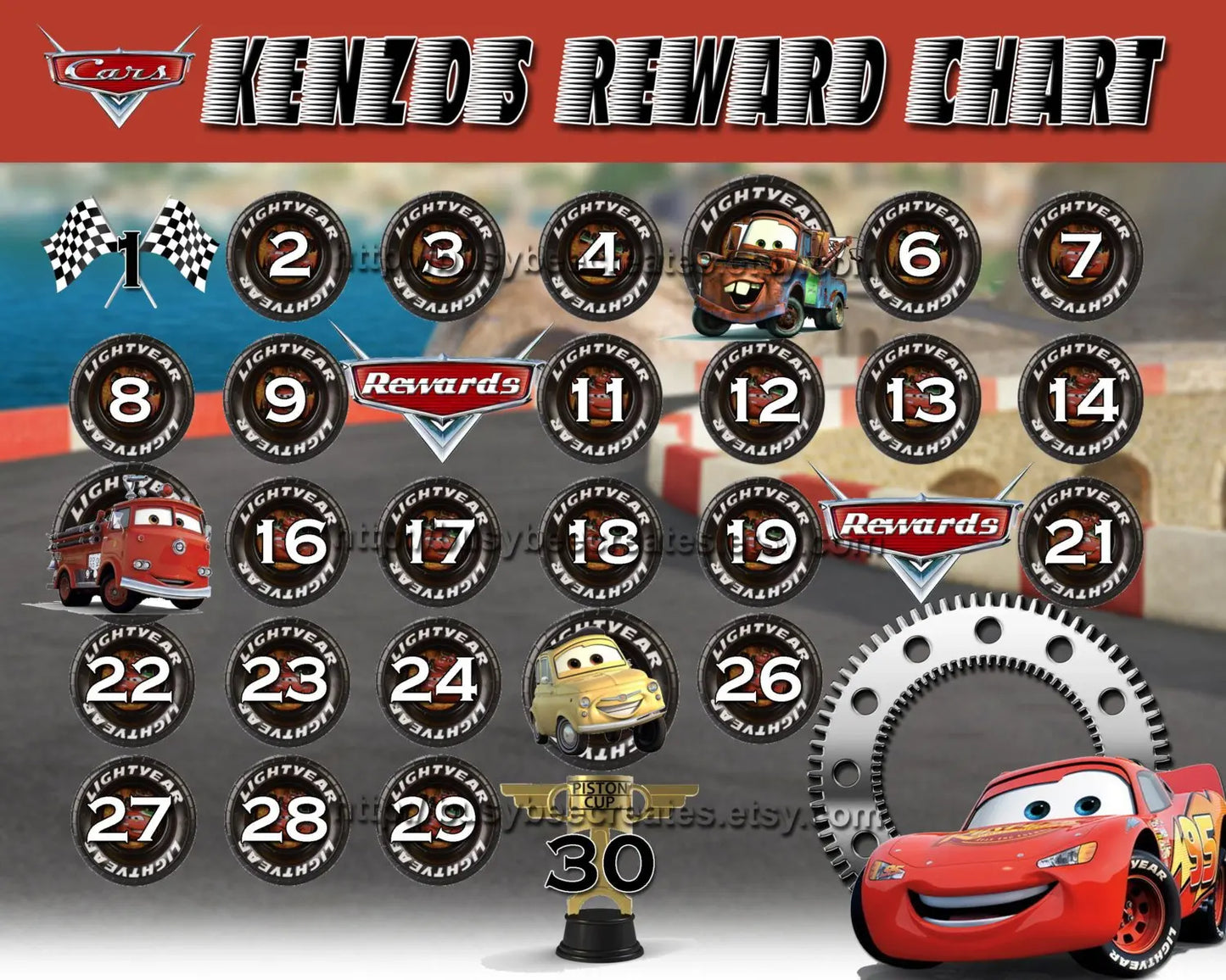 Personalized Disney Lightning McQueen Rewards Digital File (1) 8" x 10" or (2) 5" x 7"